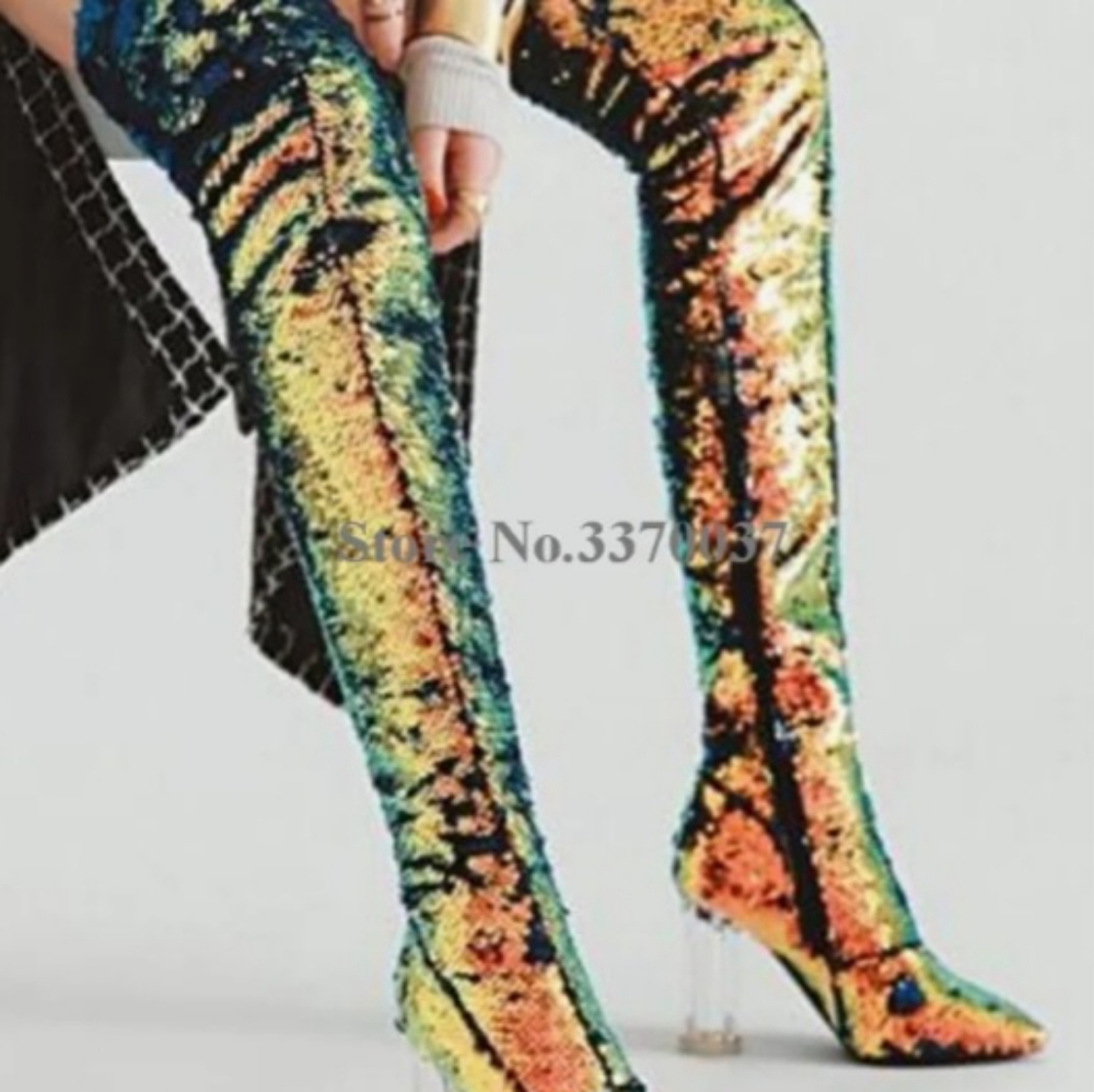 NIB ROMWE Blue/Silver Sequined Over Knee Transparent Chunky Heel Boots 10